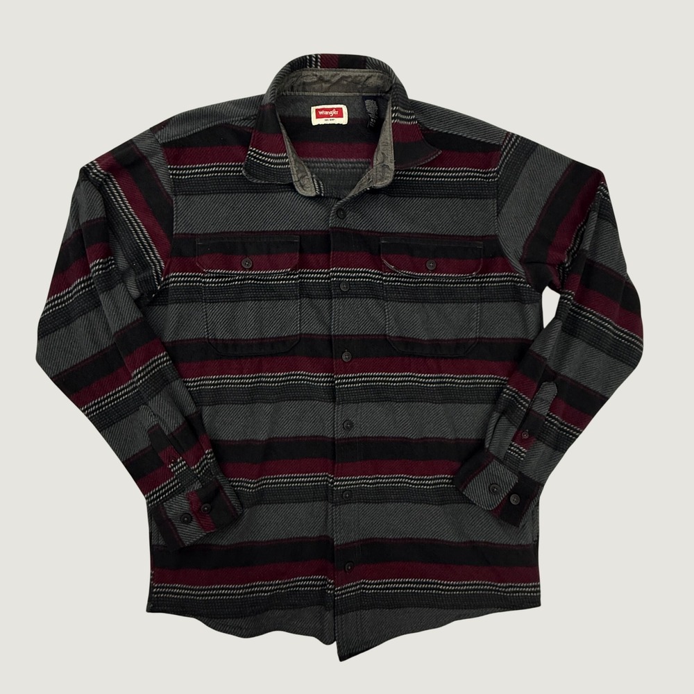 Wrangler Flannel Shirt Mens Medium Gray Striped Fleece Lined Heavyweight Pocket